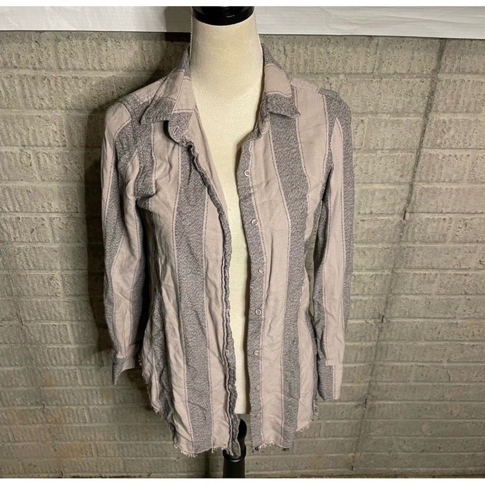 Bella Dahl Striped Button Down‎ Shirt Long Sleeve Raw Hem Women's XS Made in USA